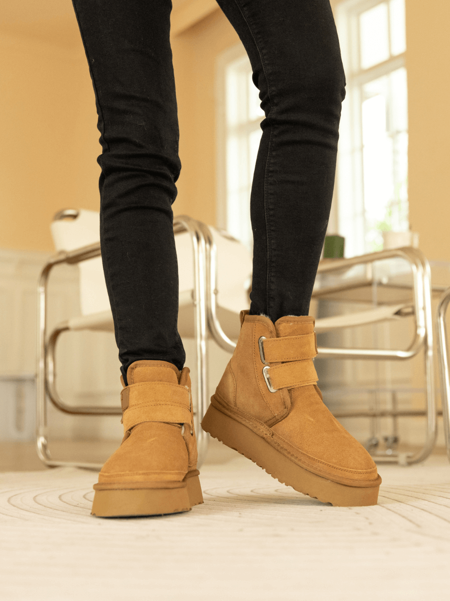 Smaibulun Ugg Montford Wool Lined Buckle Up Platform Boots Chestnut