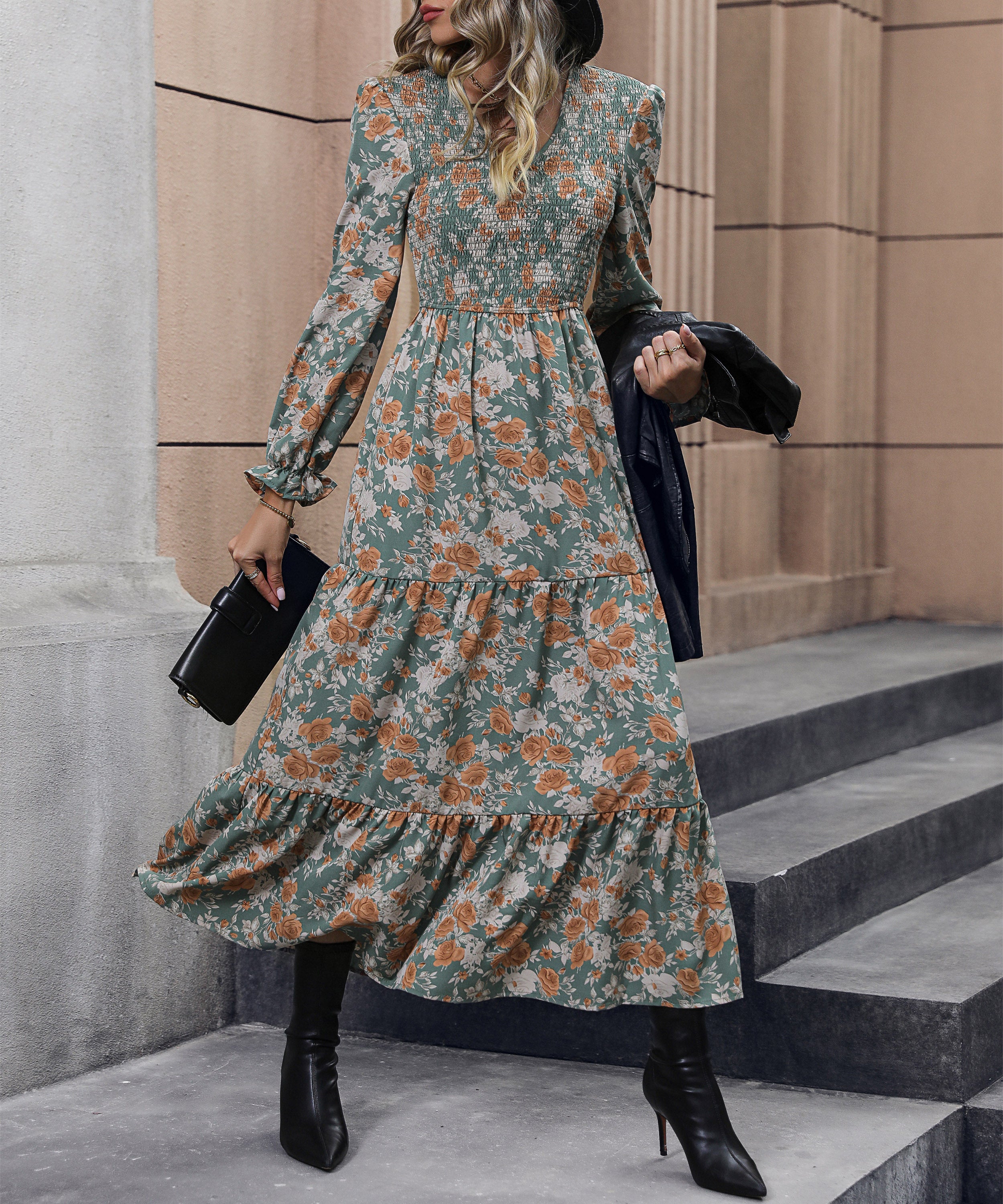 floral smock midi dress Cosmo Print Color:Mauve Rose Chocolate Brown Embroidered Pakistani flexible fit while highlighting Zeta