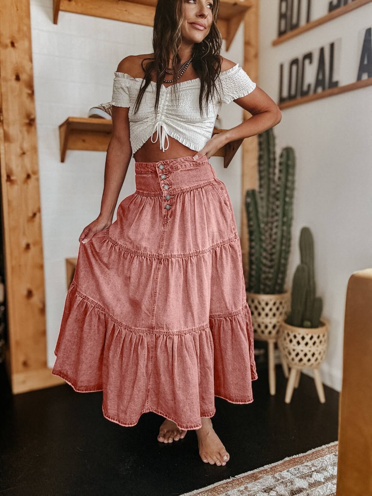 Tiered Maxi Denim Skirt with Zipper Detail