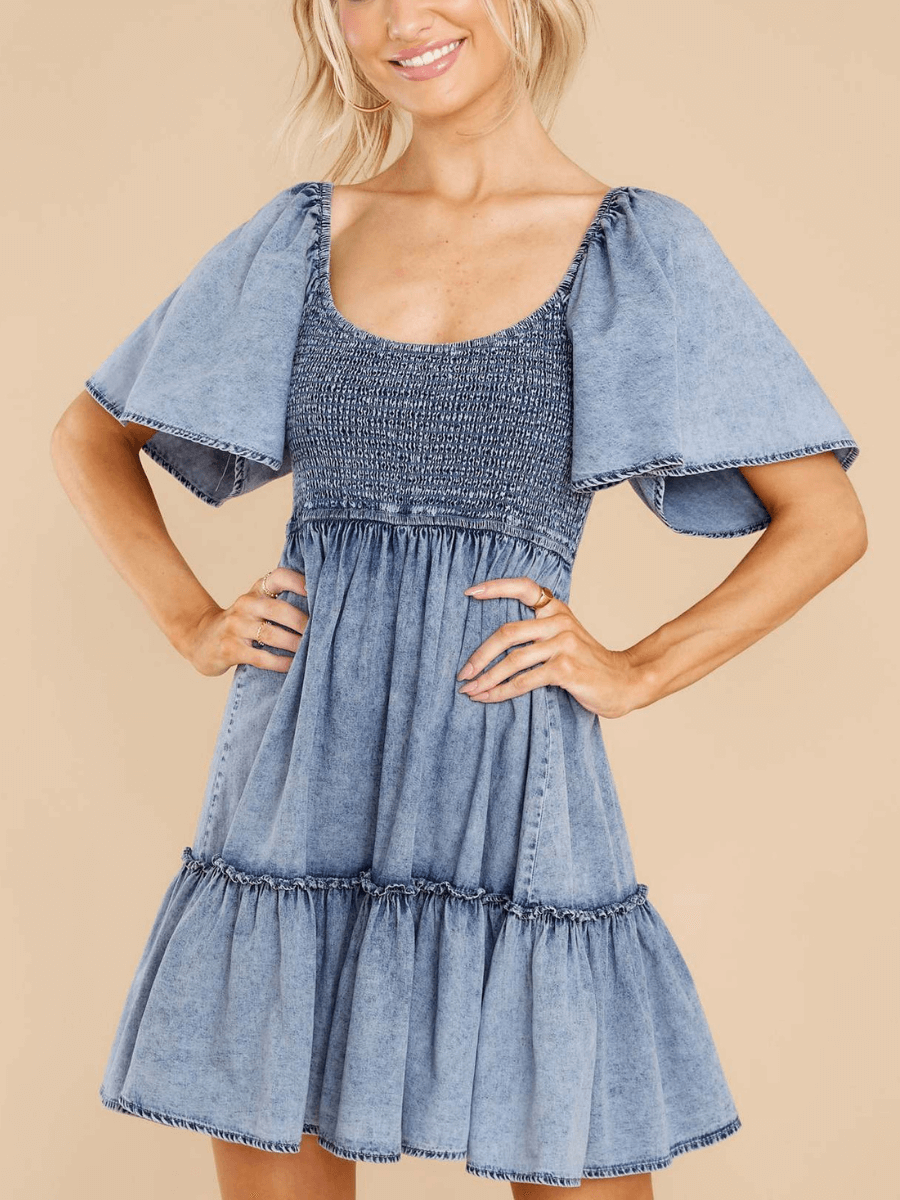 denim smocked mini dress Denim Short Sleeve Tunic Dress: Blue / Missy / XL