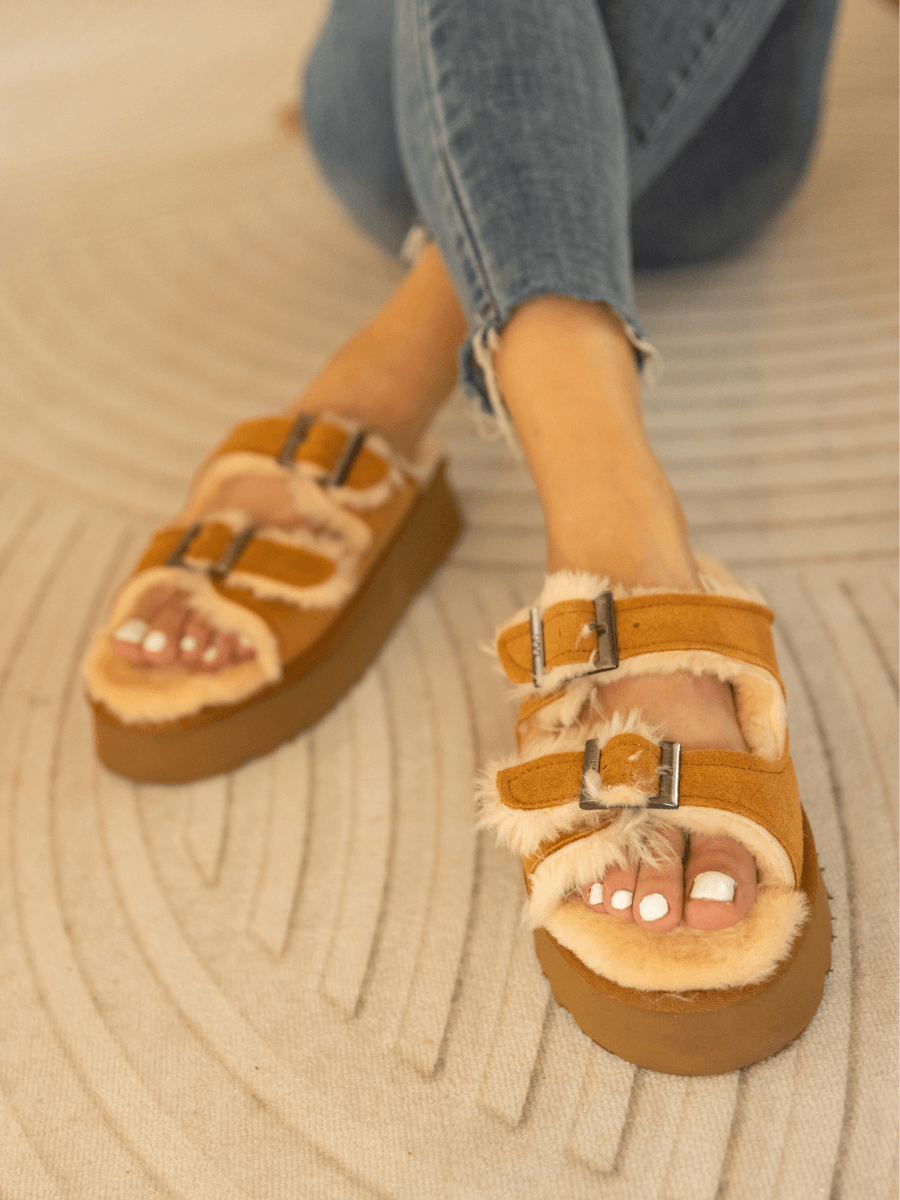 Double buckle faux online fur sandals