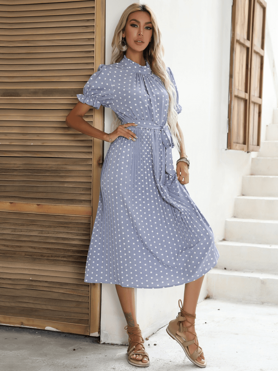 Polka Dot Short Sleeves Button Midi Shirt Dress, Blue / XL
