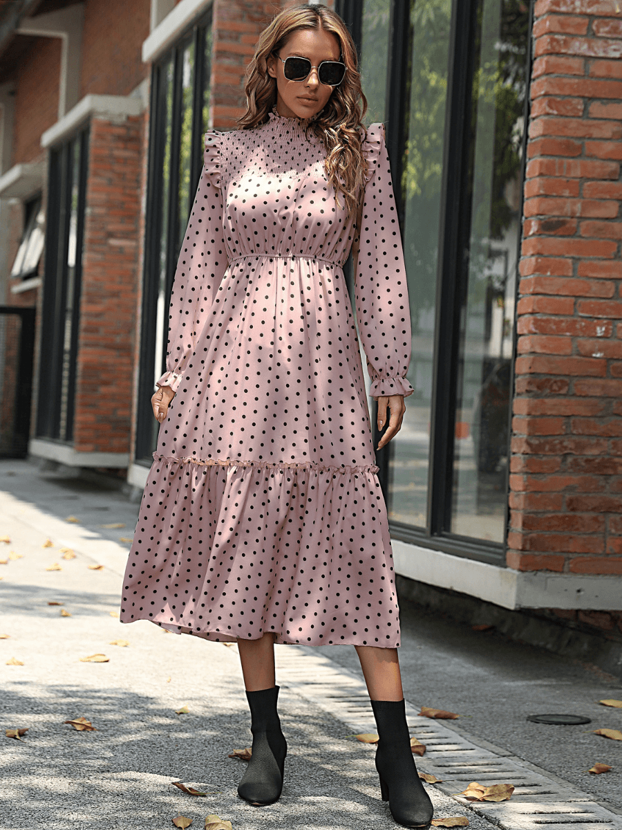 Amalia Polka Dot Smocked Cap Shoulder Maxi Dress - Dusty Pink Amalia Polka Dot Smocked Cap Shoulder Maxi Dress - Dusty Pink