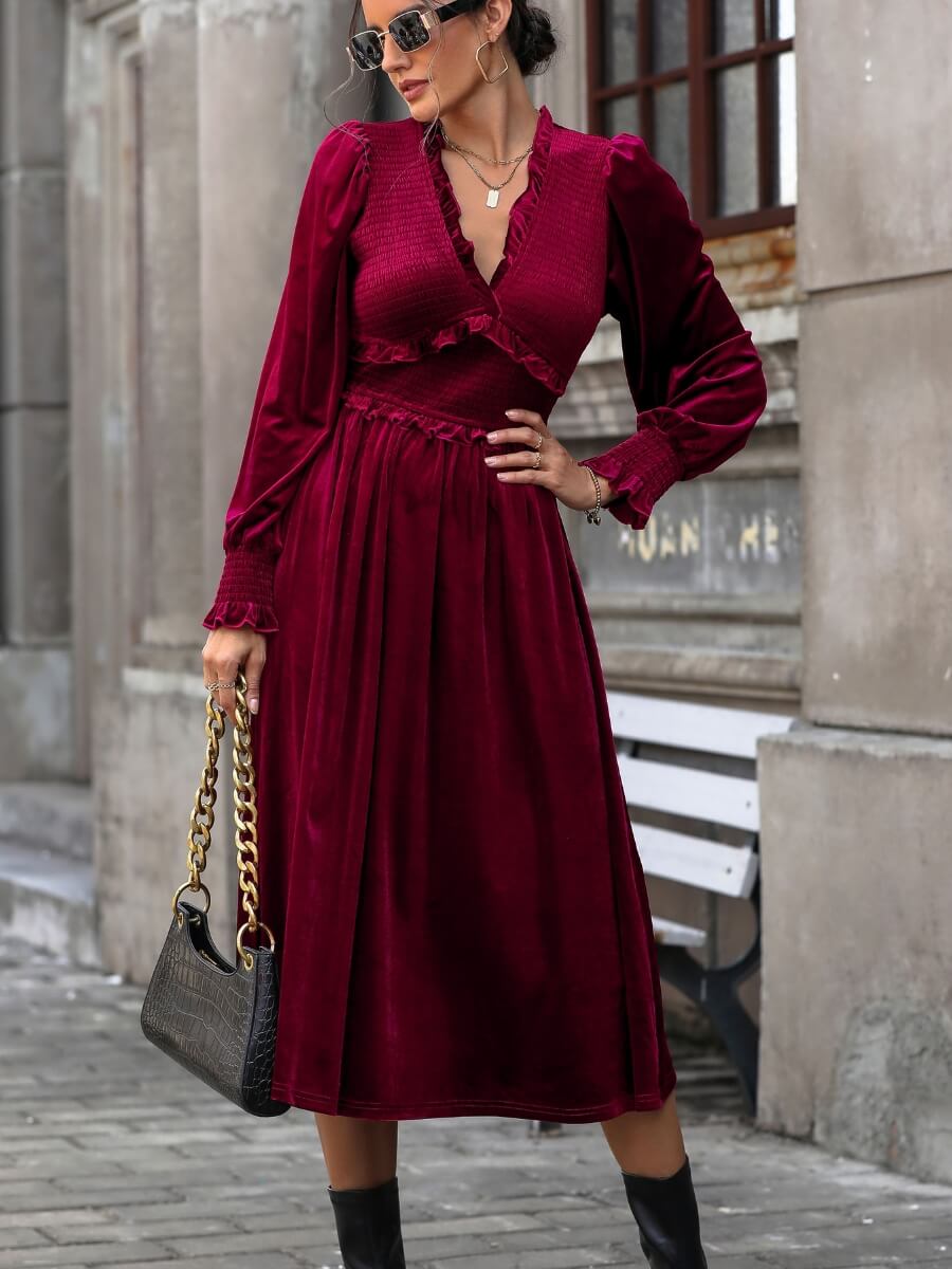 Long Sleeve Velvet Midi Dress with Ruffle Trim and Elastic Waist, Medium 8-10 / Burgundy Long Sleeve Velvet Midi Dress with Ruffle Trim and Elastic Waist, Medium 8-10 / Burgundy