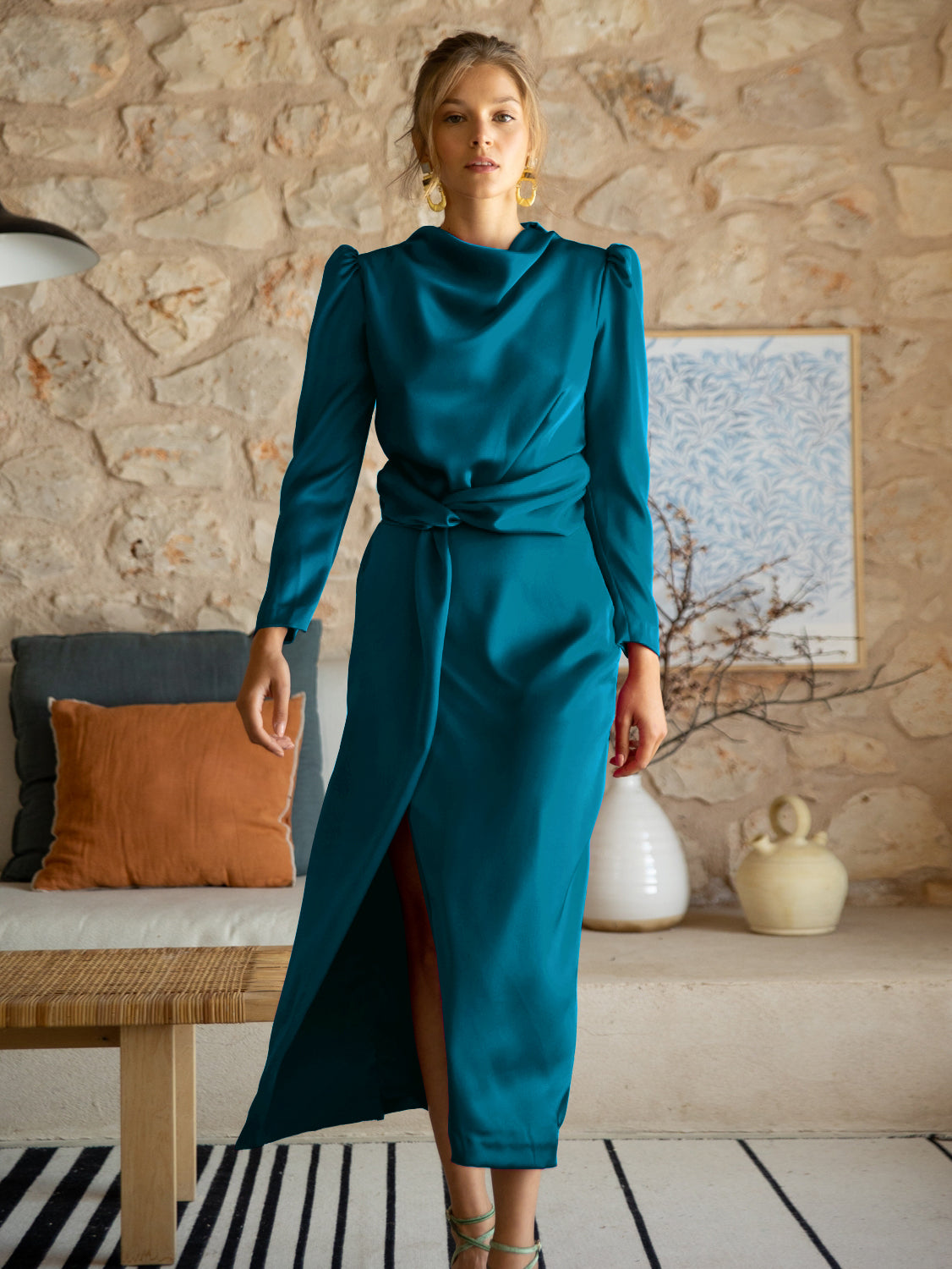 Ximena Satin Long Sleeve Midi Dress - Teal – SMAIBULUN