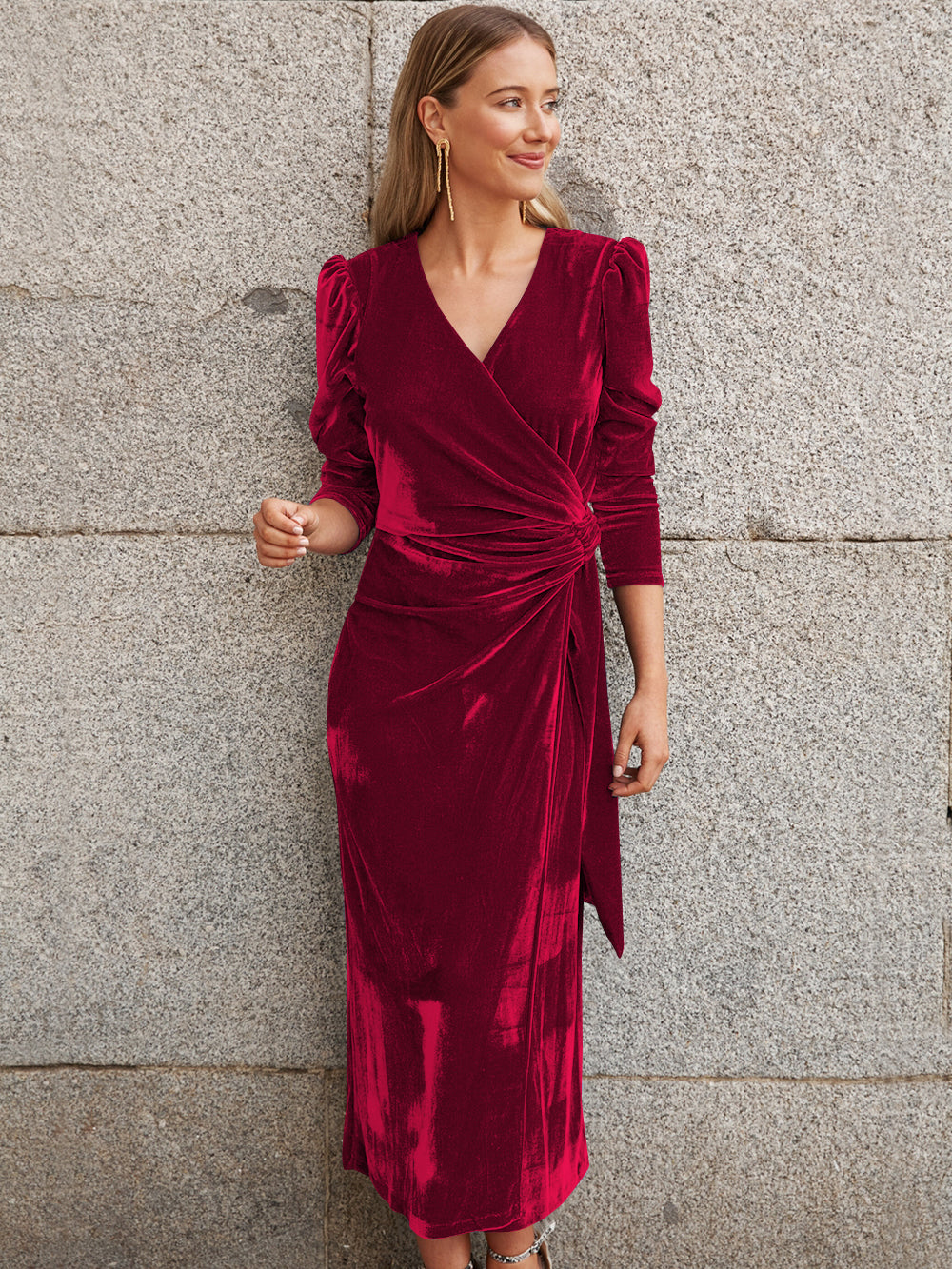 Florence Metallic Velvet Tie Waist Midi Dress - Burgundy SMAIBULUN Florence Metallic Velvet Tie Waist Midi Dress - Burgundy SMAIBULUN