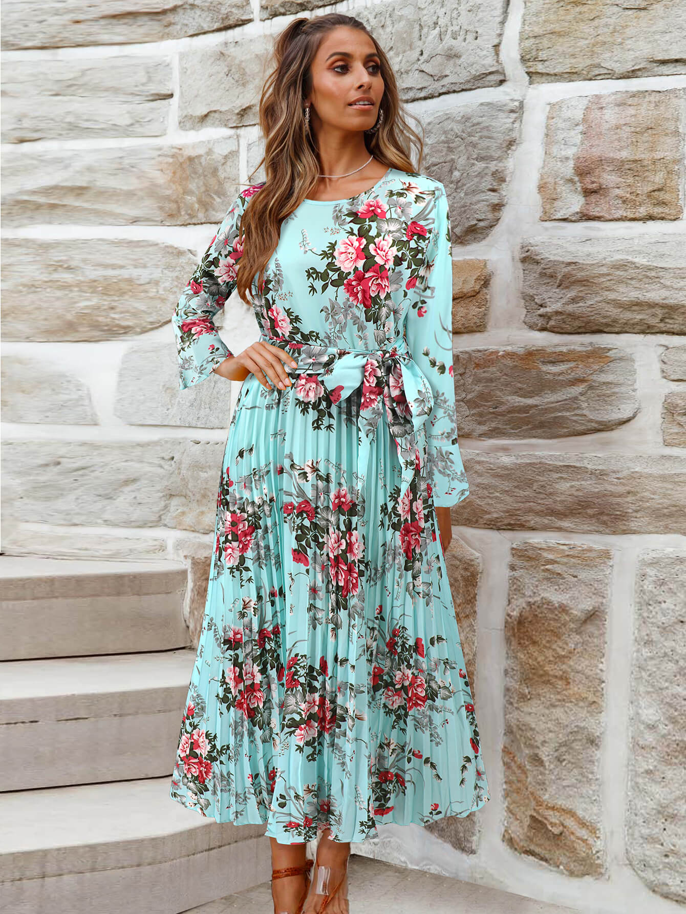 Garden Romance Floral Plisse Maxi Dress - blue, L / Blue Garden Romance Floral Plisse Maxi Dress - blue, L / Blue