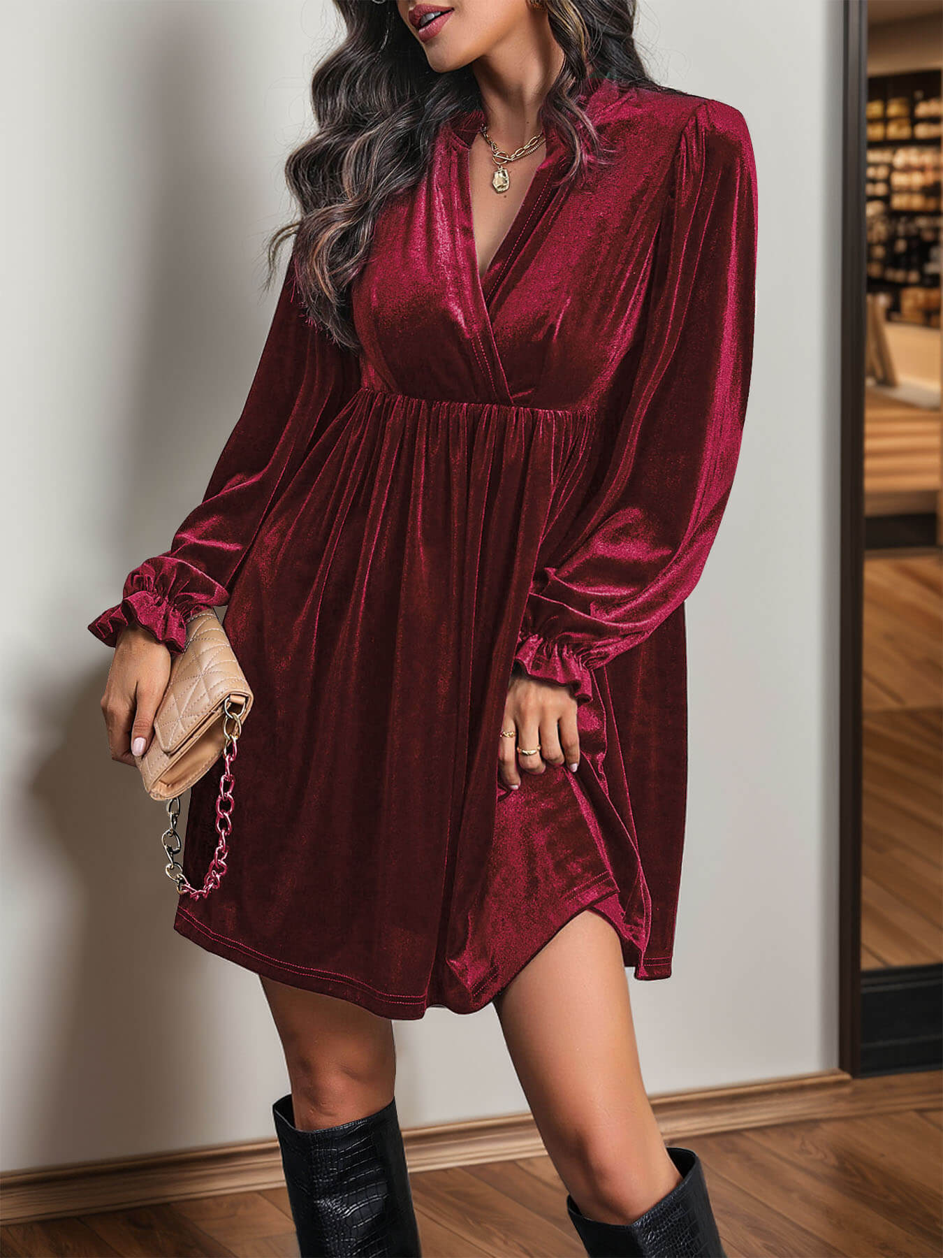 Velvet Notch Neck Puff Sleeves Ruffled Babydoll Dress, Burgundy / L