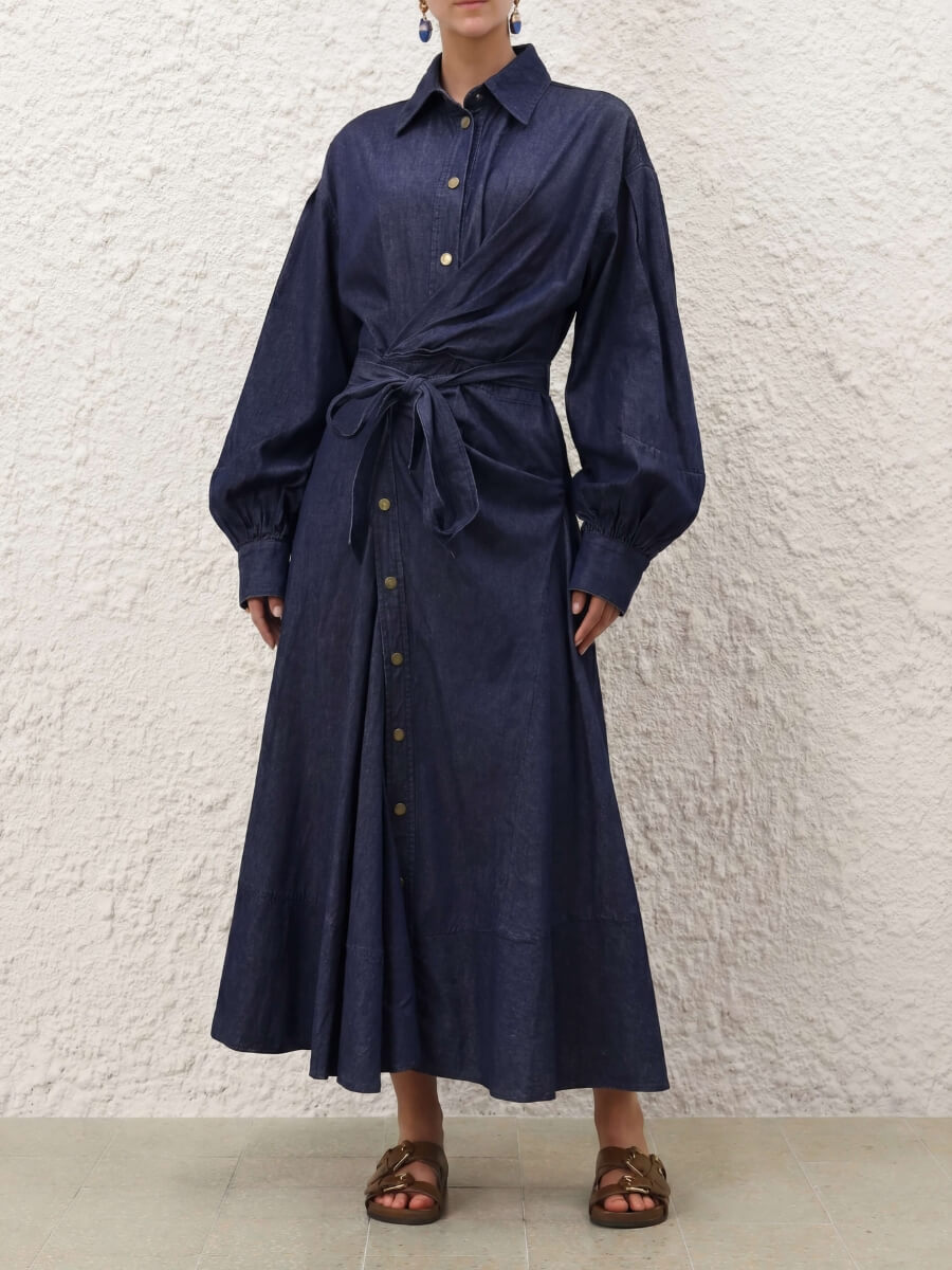 Luzie Waist Tie Denim Maxi Dress - navy, S / Navy Luzie Waist Tie Denim Maxi Dress - navy, S / Navy