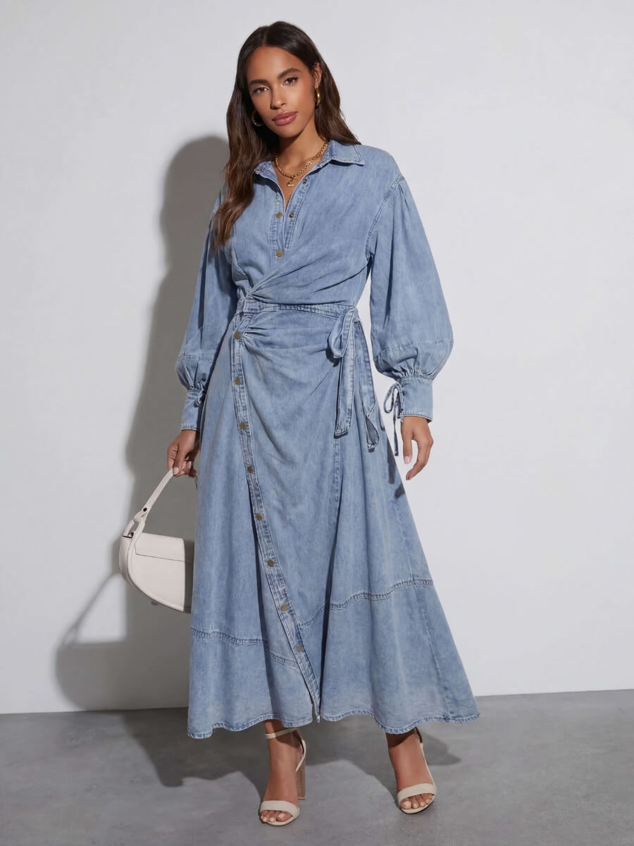 Luzie Waist Tie Denim Maxi Dress