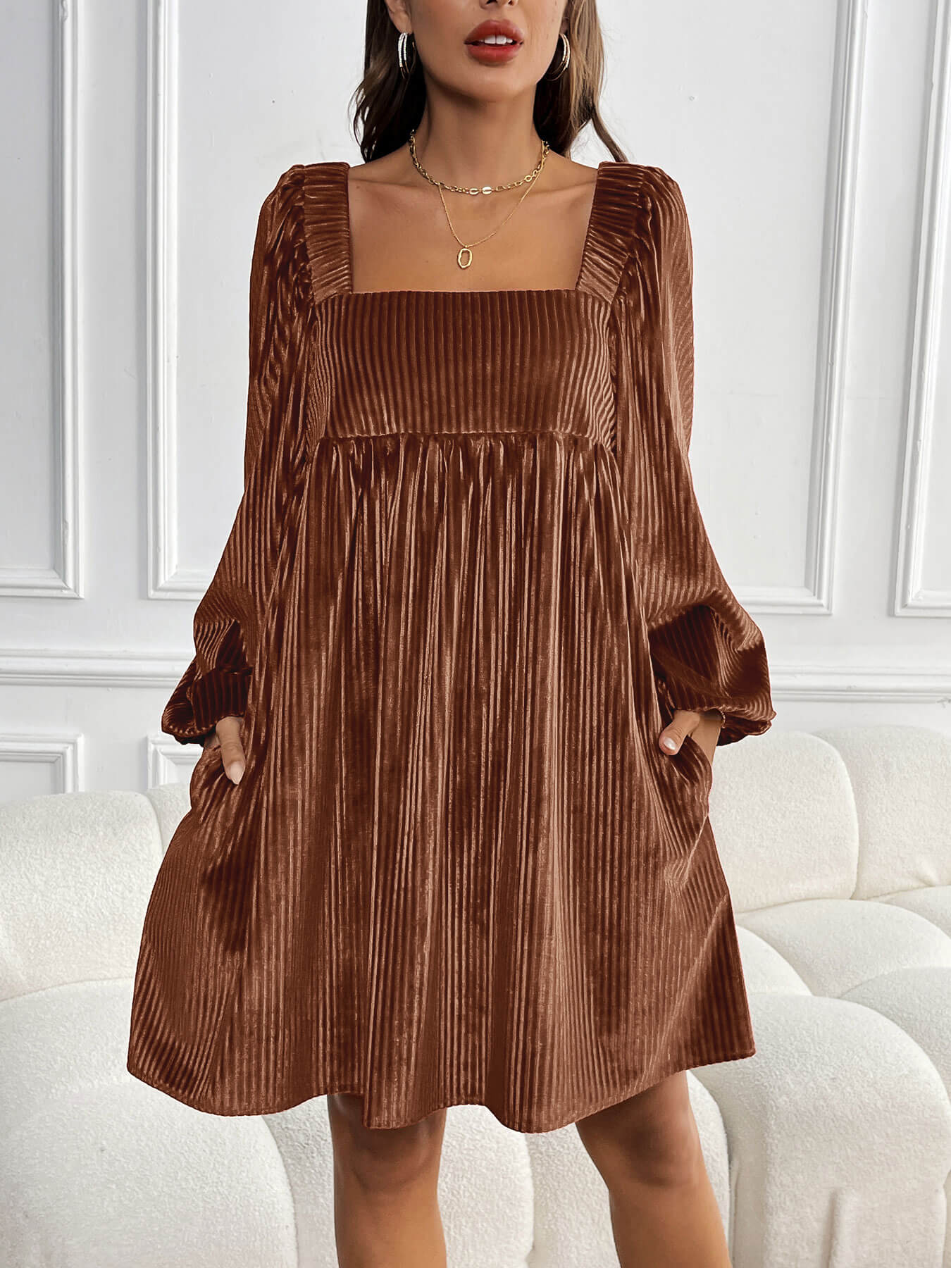 brown velvet midi dress Women's Mini Dress Velvet Dress Party Dress Cocktail Dress Elegant Modern Evening Party Party Date Regular Fit Plain Long Sleeve Square Neck Wine Dark