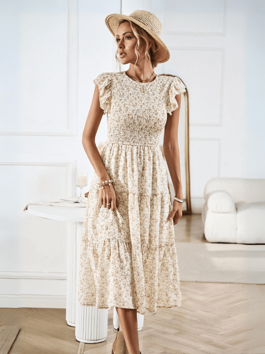 Always Falling Floral Tiered Midi Dress - Beige Always Falling Floral Tiered Midi Dress - Beige