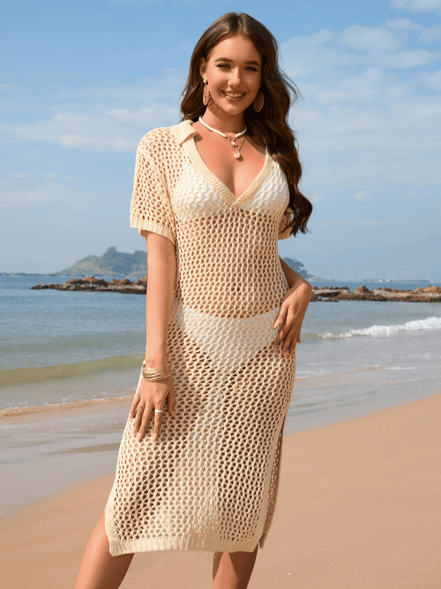 Aruba Net Crochet Knit Midi Dress - Beige, XL / Beige Aruba Net Crochet Knit Midi Dress - Beige, XL / Beige