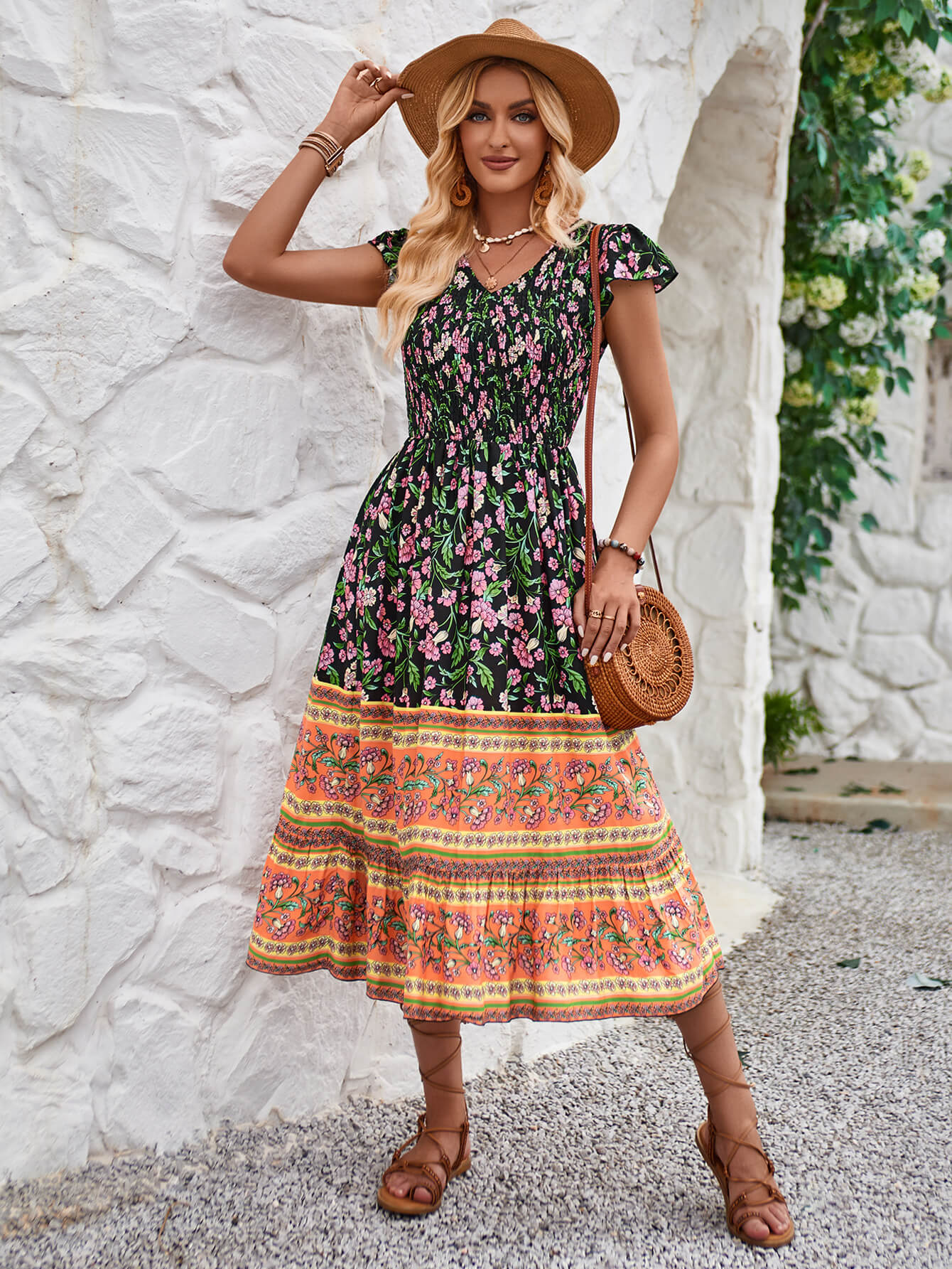 v neck tiered midi dress New Flowers Print V-neck Dress Summer Casual Ruffle Sleeveless Dresses Bohemian Holiday Beach Dress For Womens Clothing Black / S