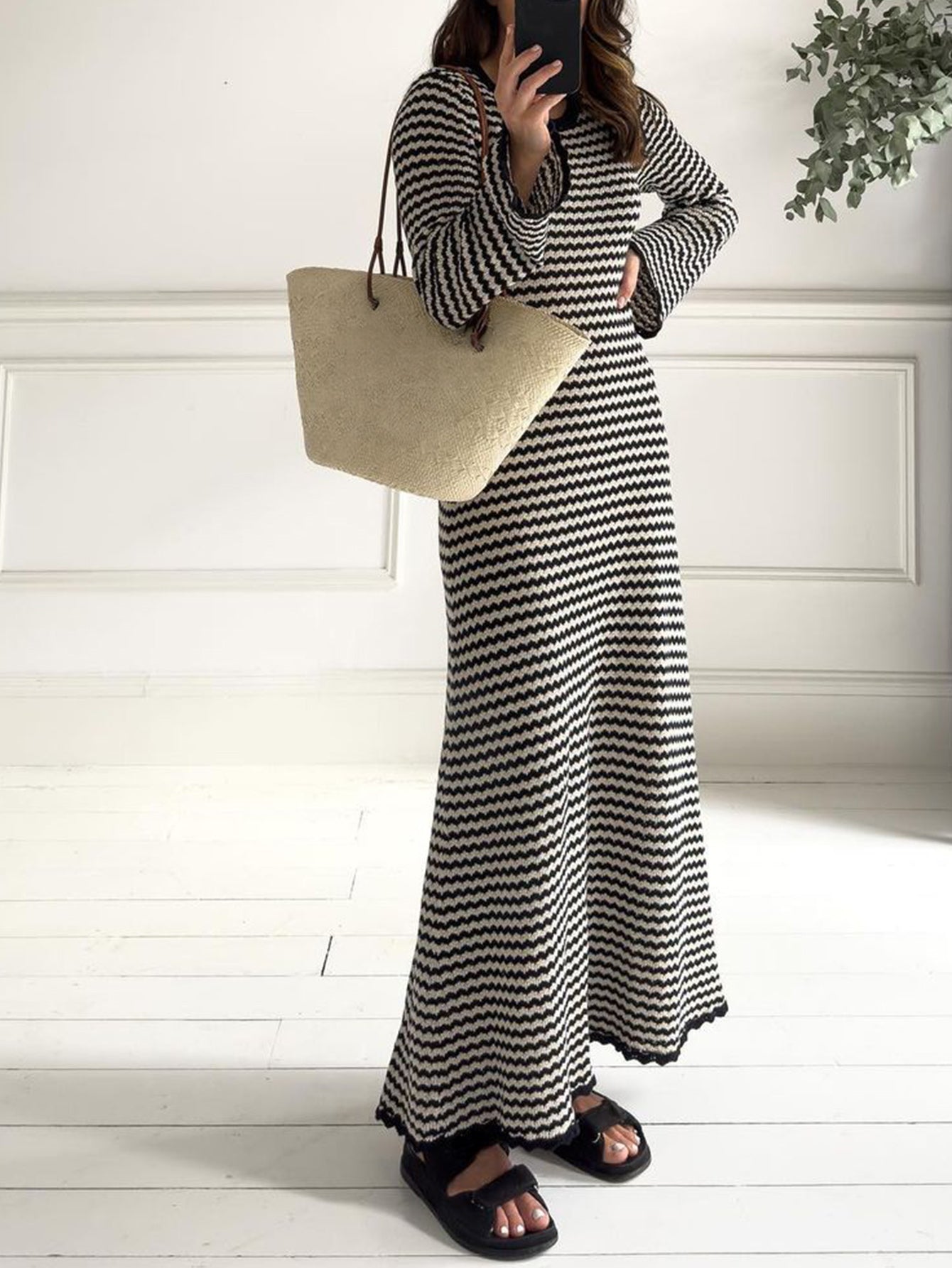 Relax My Way Stripe Sweater Maxi Dress, L / Black Relax My Way Stripe Sweater Maxi Dress, L / Black