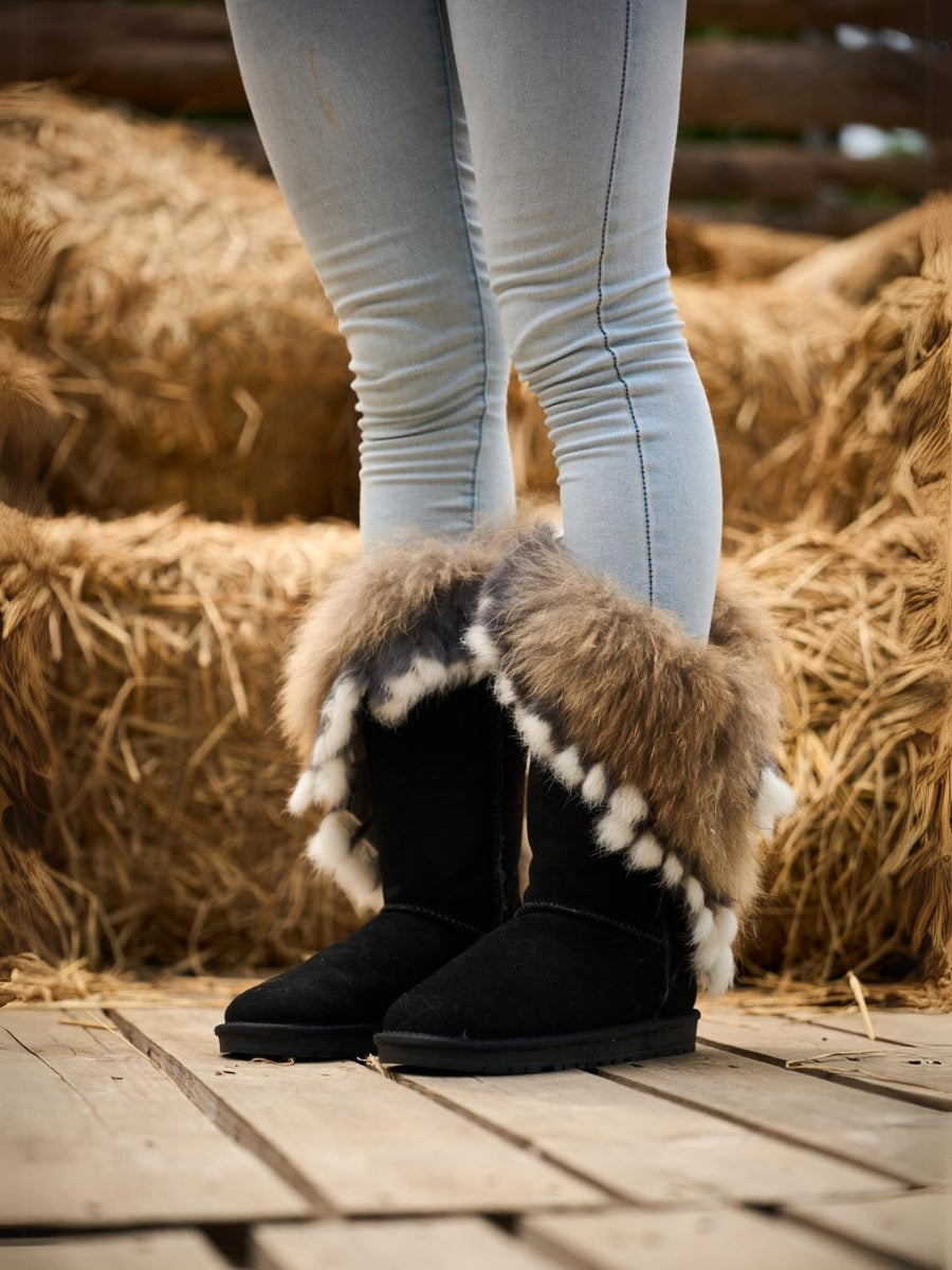 SMAIBULUN Ugg Faux Fur Wool Lined Grazing Calf Boots Black