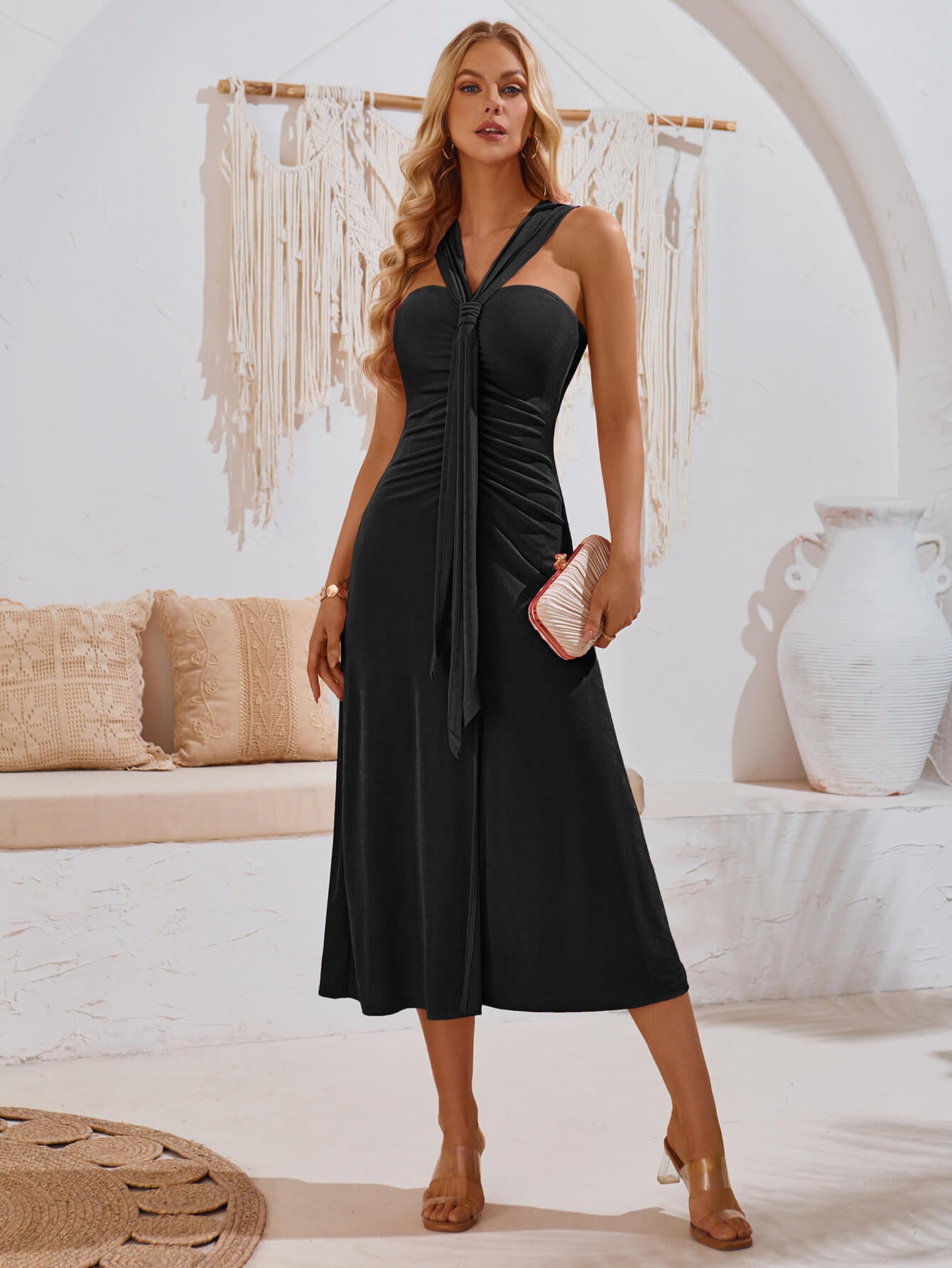 Rylee Solid Halter Neck Maxi Dress - Black Rylee Solid Halter Neck Maxi Dress - Black