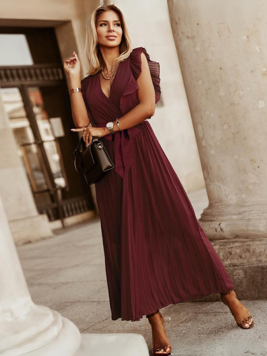 Elisha Plisse Ruffle Shoulder Midi Dress - Burgundy SMAIBULUN Elisha Plisse Ruffle Shoulder Midi Dress - Burgundy SMAIBULUN