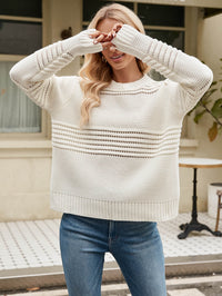 Late Meeting Perforated Stripe Pullover Sweater - Cream