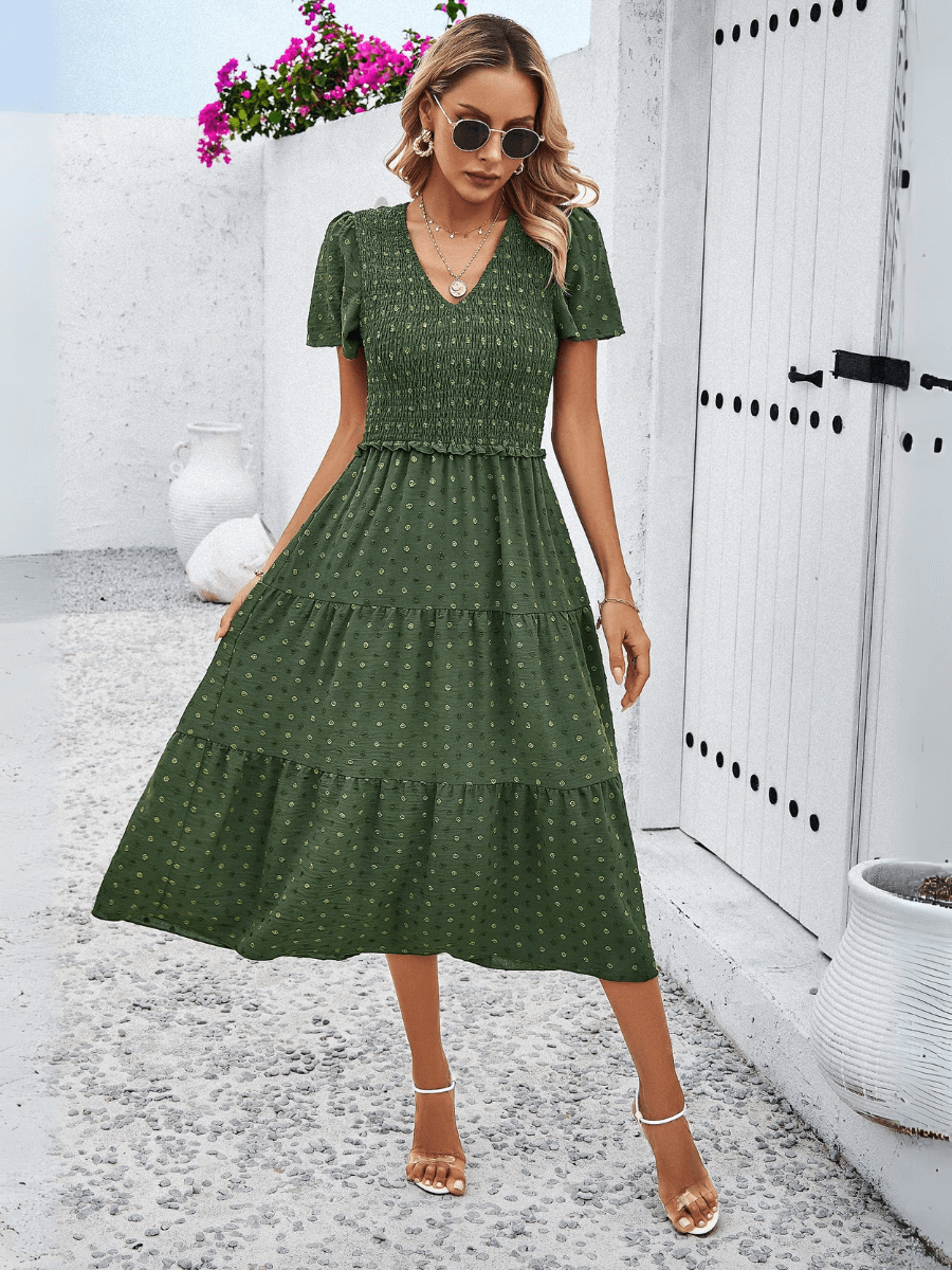 tiered midi dress green Women's Summer Flutter Short Sleeve Smocked Midi Dress Summer Casual Tiered A-Line Dress,Army Green,S