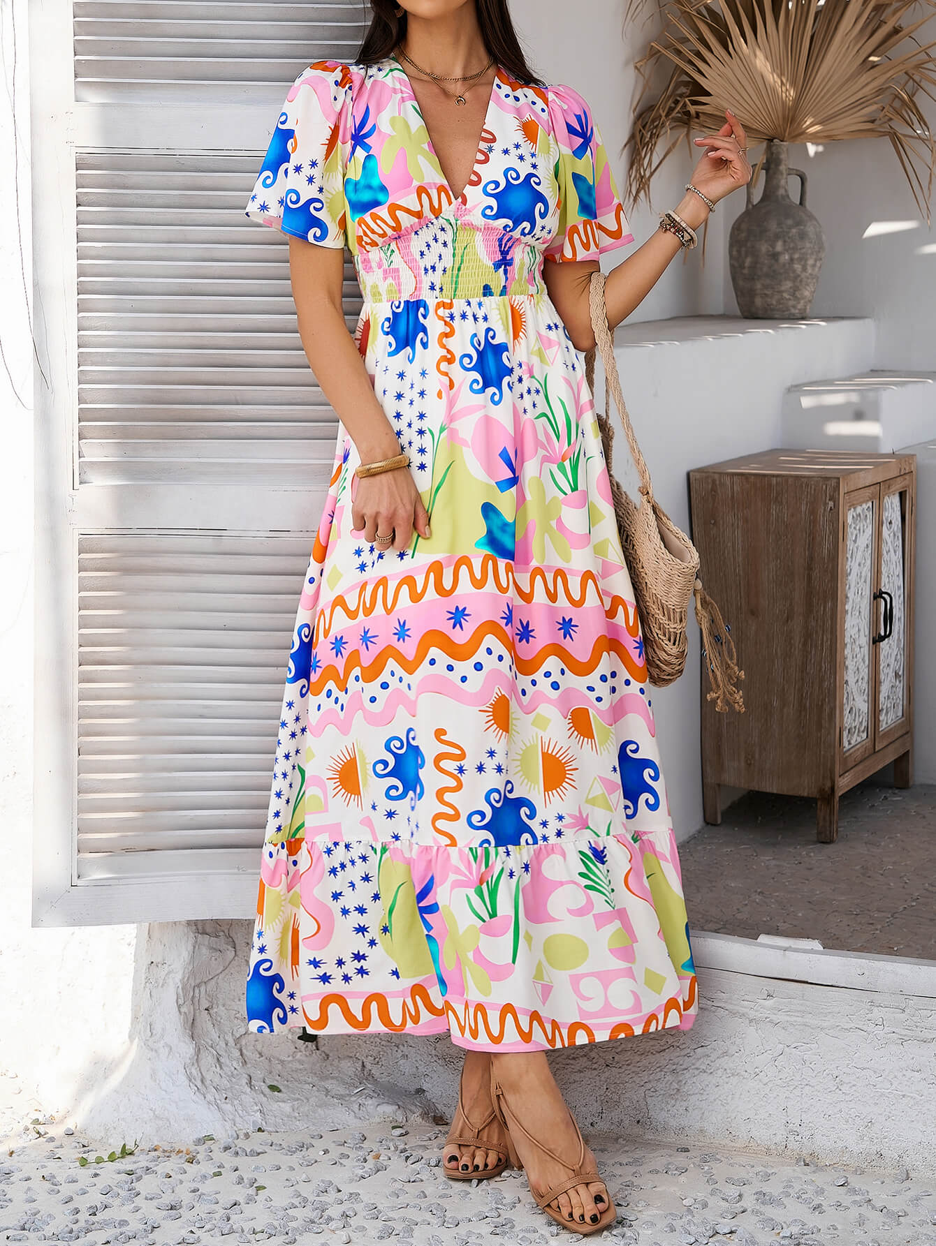 abstract floral maxi dress Resort Graphic V Neck Short Sleeves Smocked Maxi A-Line Dress, Pink Blue / S