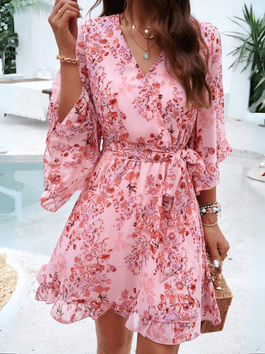 pink wrap dress mini Plunge Blouson Long Sleeve Wrap Mini Dress | EGO US