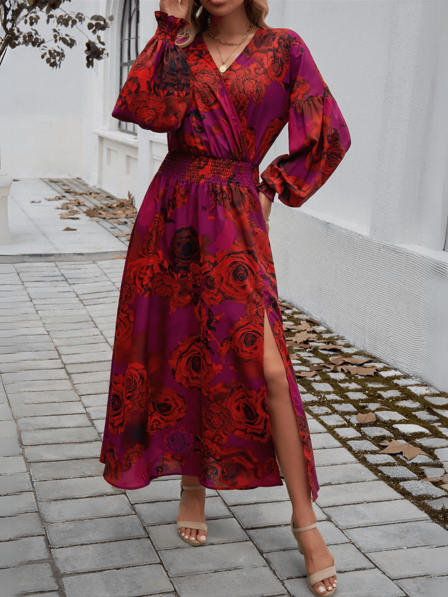 Uoozee-Official A-Line High Waisted Elasticity Flower Print No Belt Split-Side V-Neck Maxi Dresses RED / XL
