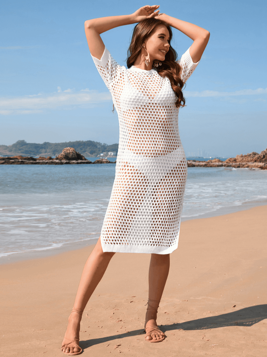 crochet knit beach midi dress in white Cozumel Dress