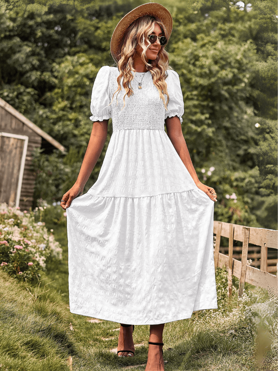 smock tiered maxi dress Womens Summer Short Sleeve Smocked Round Neck Casual Elegant Swing Maxi Dress White XL