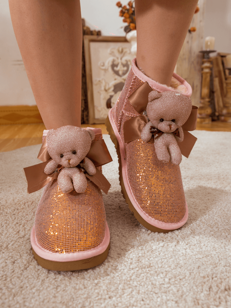 SMAIBULUN Ugg PLUSH BEAR RIBBON BOW SHIMMER BLING BOOTS