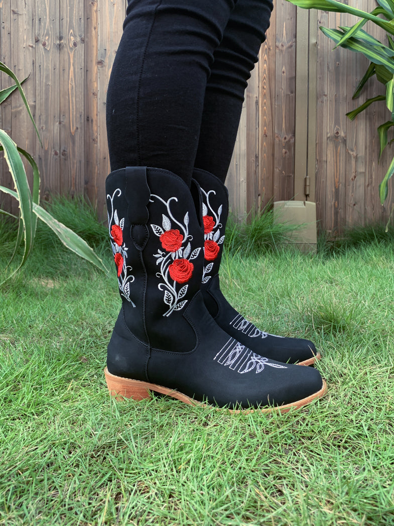 Red Rose Black Cowgirl Boots