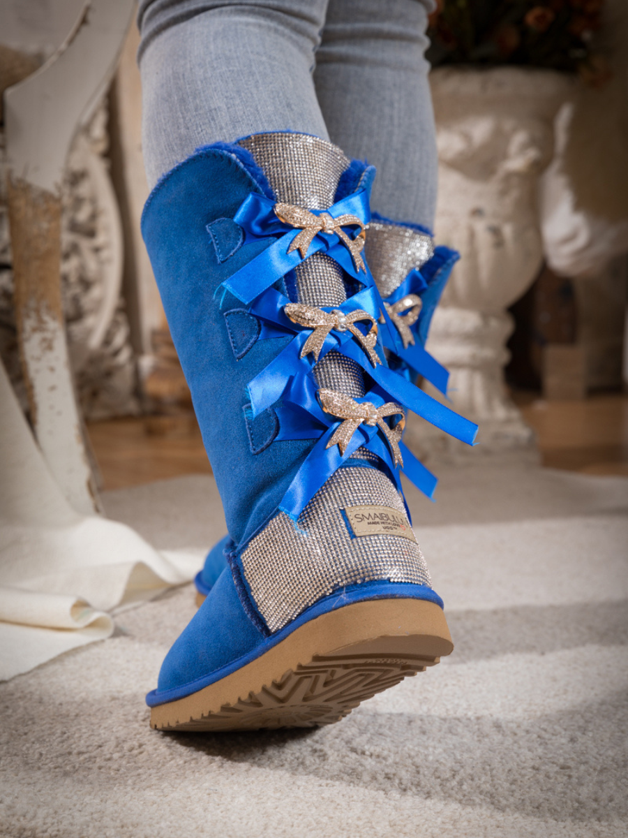 SMAIBULUN Ugg Rhinestone Ribbon Tri Tie Bow Suede Boots Blue