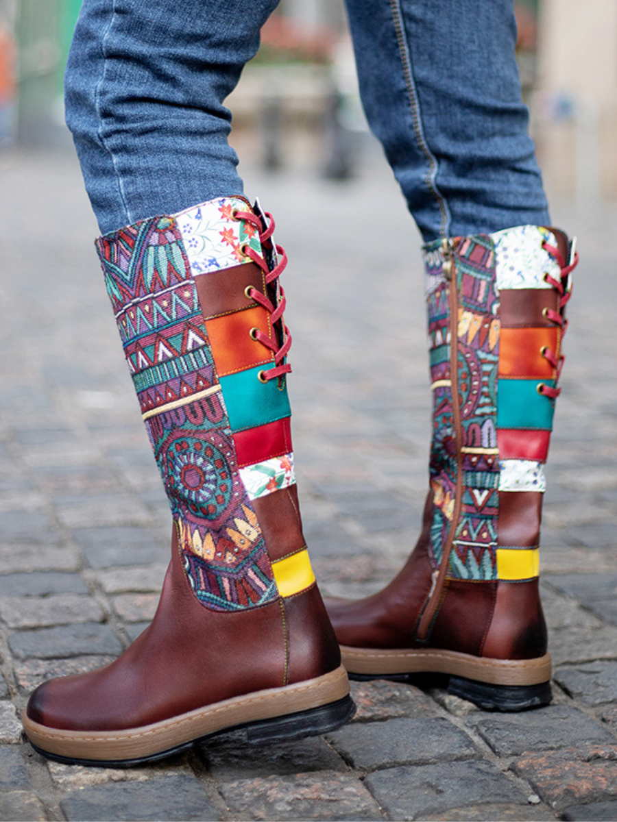 Soffia Genuine Leather Geometric Back Lace Up Knee Boots SMAIBULUN