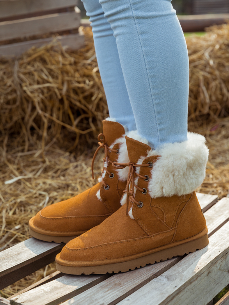 SMAIBULUN Ugg WOOL LINED SUEDE TIE UP UGG BOOTS CHESTNUT