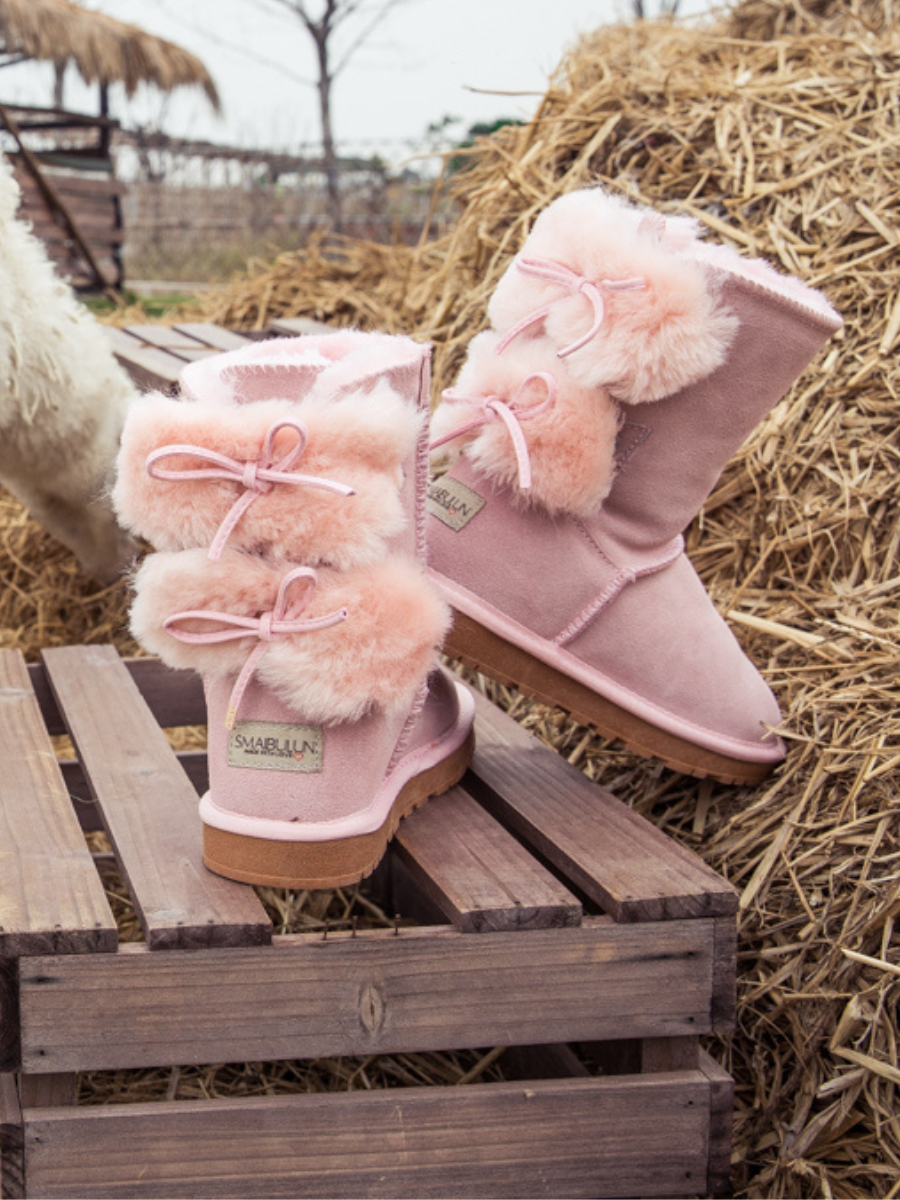 SMAIBULUN Ugg Back Woollen Bow Suede Boots Pink
