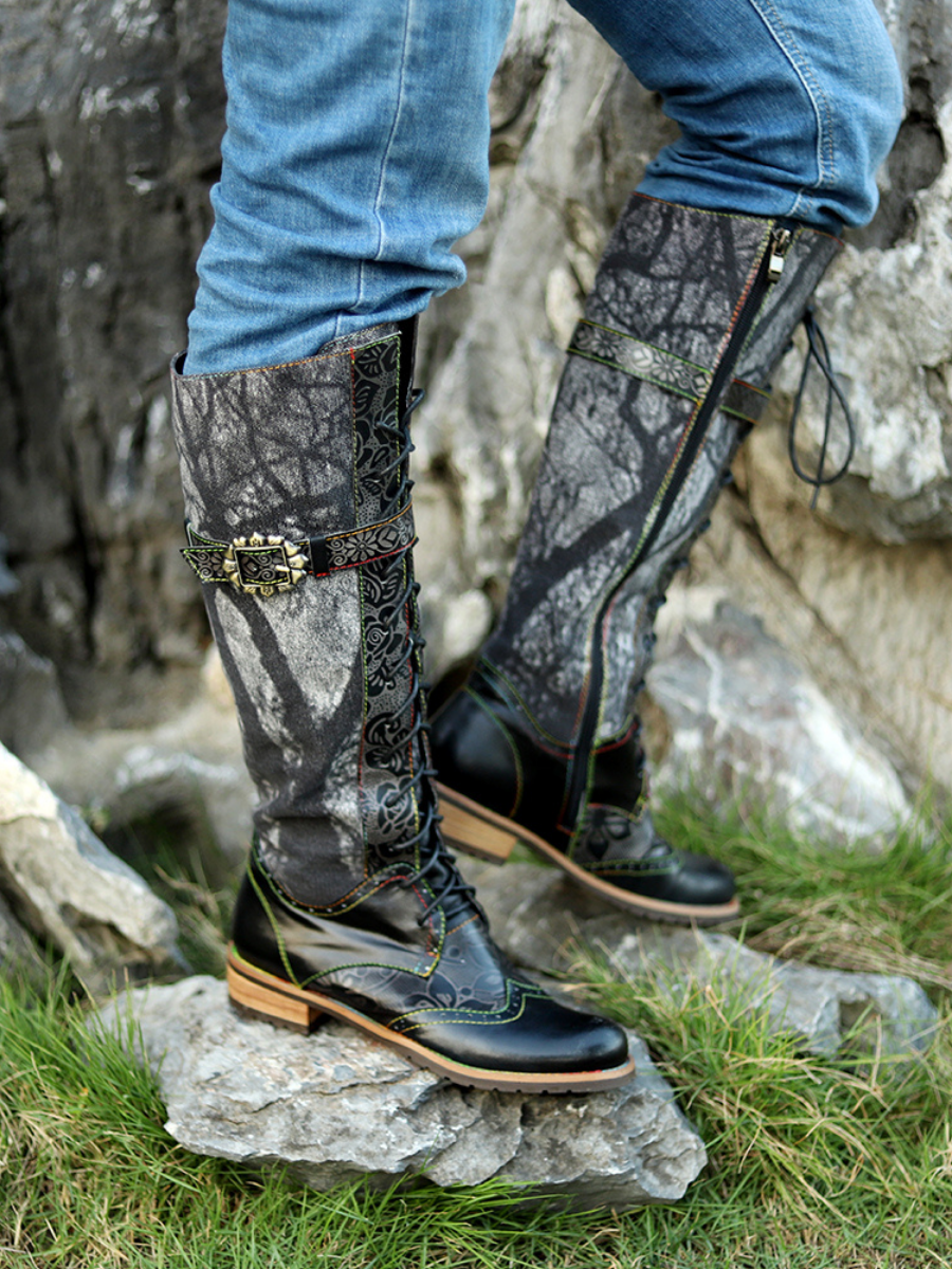 Soffia Genuine Leather Black Forest Tie-Accent Boho High Boots - Main Image