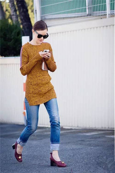Mid-length sweater + jeans + thick heels