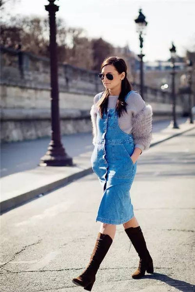 teach to you match:Fur stitching sweater + denim strap skirt + lace-up boots