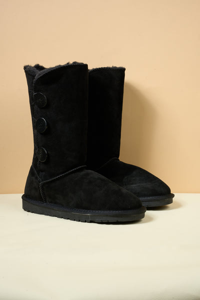 SMAIBULUN Ugg | Side Button Faux Fur-Lined Leather Suede Boots - black