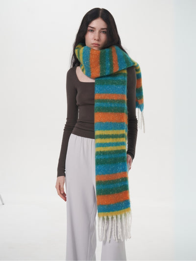 Dopamine Wool Blend Stripe Tassel Blanket Scarf - Green