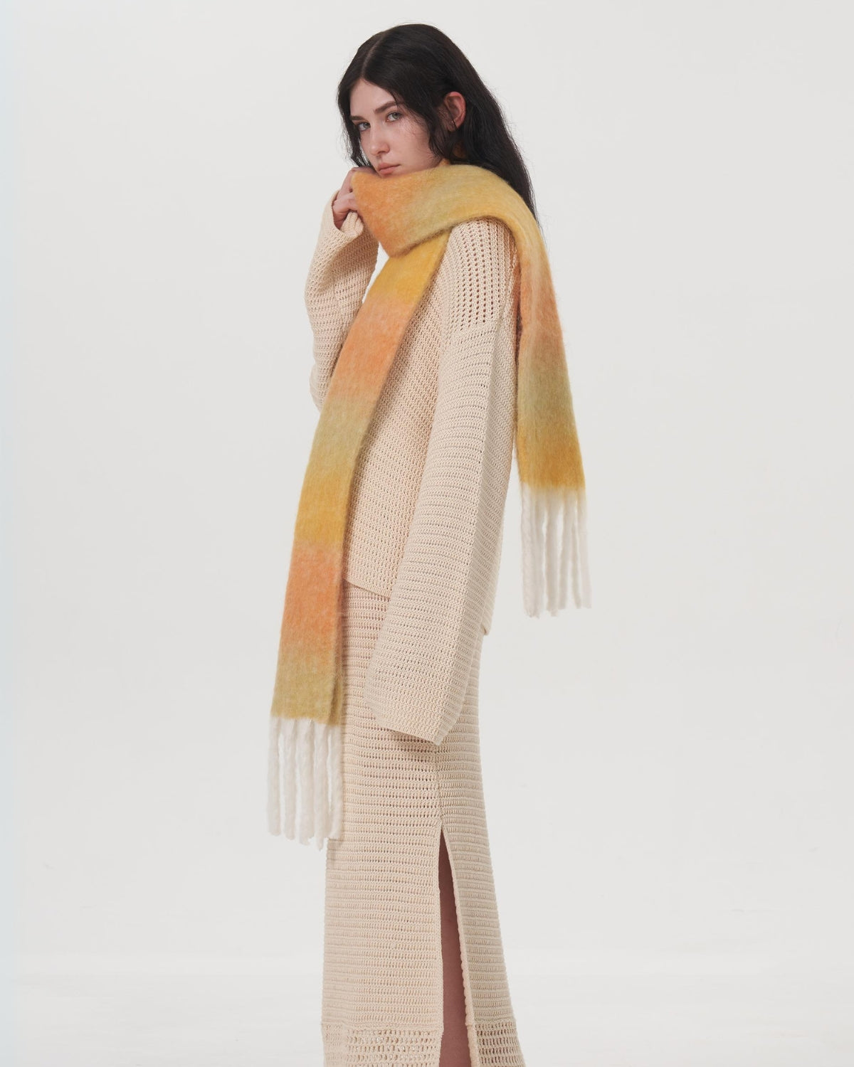 Mohair Gradient Wool Blend Tassel Blanket Scarf - Yellow