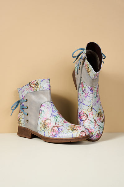 Soffia | Autumn Fields Floral Leather Ankle Booties - Grey