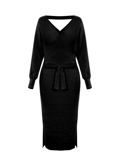 Lorene Tie Waist Midi Sweater Dress - Black