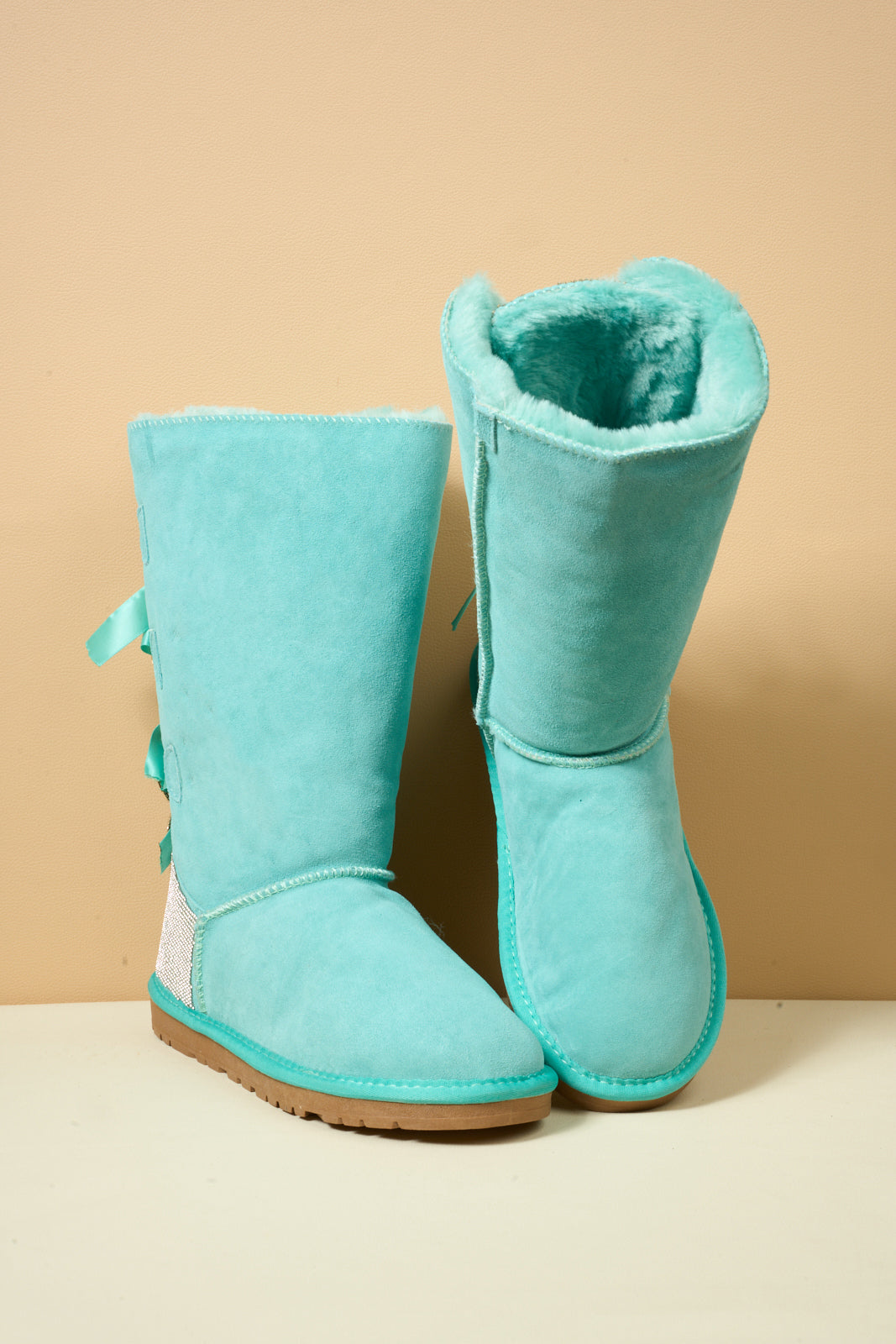 SMAIBULUN Ugg | Rhinestone Ribbon Tri-Tie Bow Suede Boots - turquoise