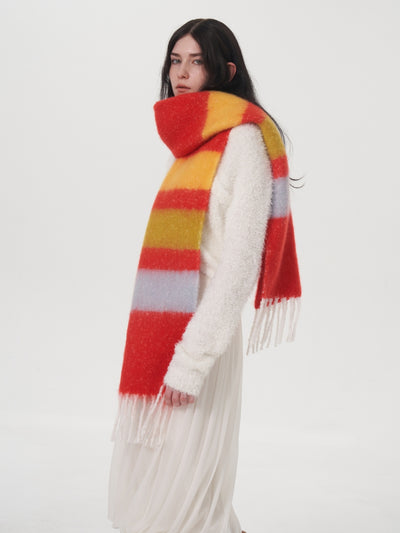 Dopamine Wool Blend Stripe Tassel Blanket Scarf - Red