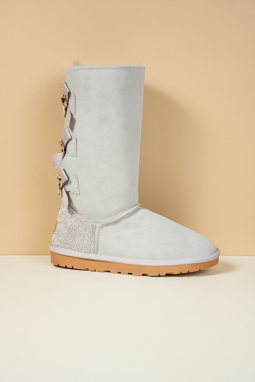 SMAIBULUN Ugg | Rhinestone Ribbon Tri-Tie Bow Suede Boots - pale