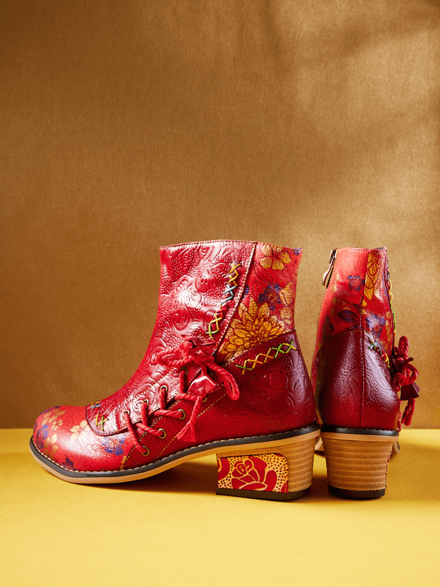 Soffia | Naomie Rose Embossed Floral Leather Combat Boots