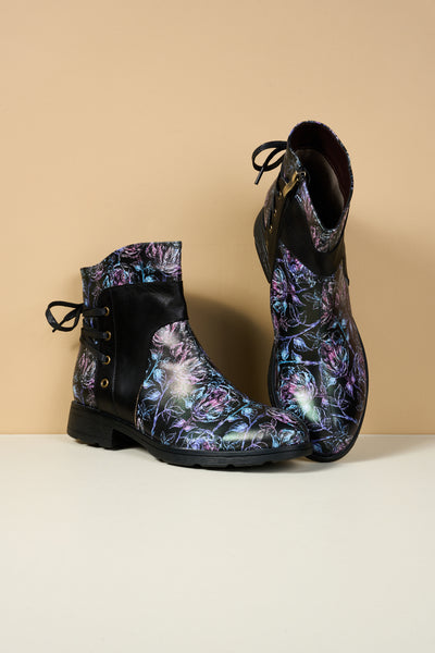 Soffia | Autumn Fields Floral Leather Ankle Booties - Black