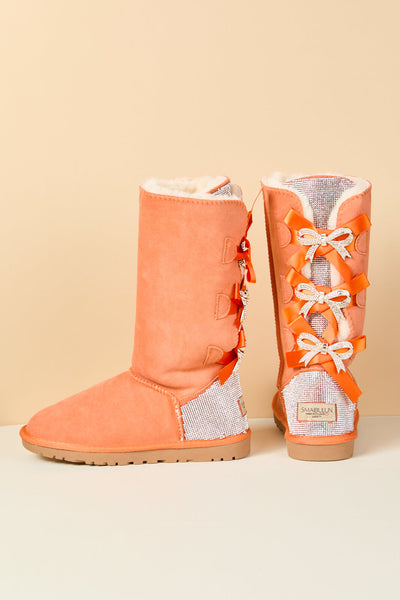 SMAIBULUN Ugg | Rhinestone Ribbon Tri-Tie Bow Suede Boots - tangerine