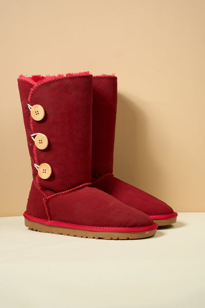 SMAIBULUN Ugg | Side Button Faux Fur-Lined Leather Suede Boots - red